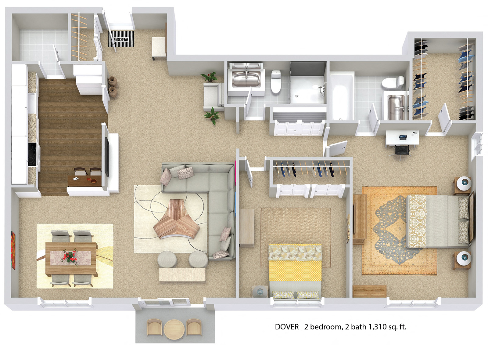 Floor plan for 2 beds, 2 baths, 1310 sqft